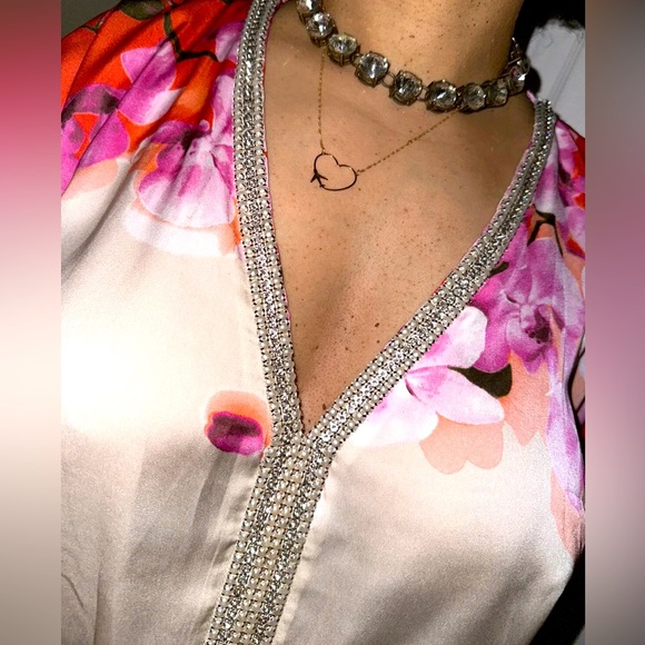 Boston Proper Floral Bloom Print Blouse Rhinestone Embellished Tunic Shirt Top S - Picture 2 of 7